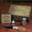 Flask, shot glass, Funnel and Folder in Rustic Wood Box
