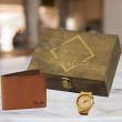 Watch and wallet in rustic stained pine wood box