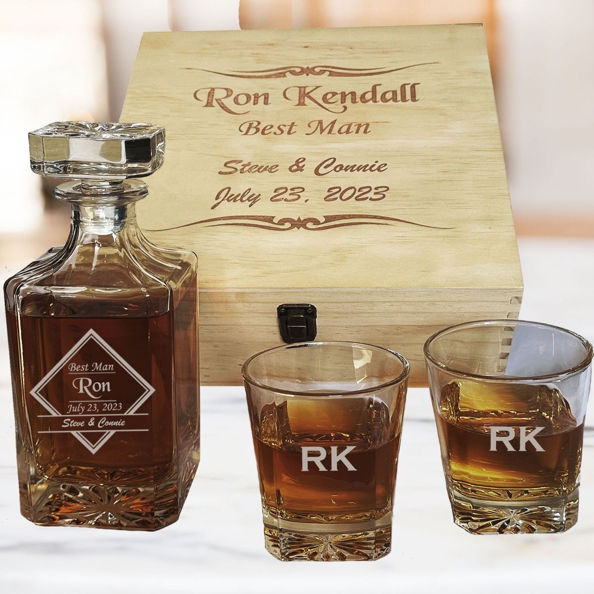 Personalized Whiskey Glass Set with Wooden Box