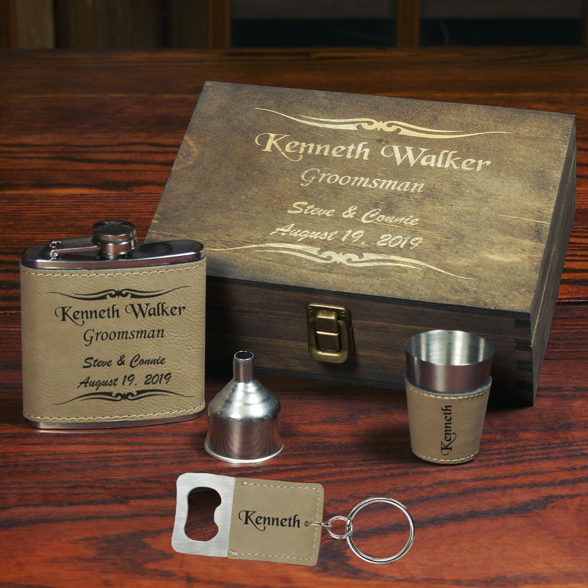 The Mustang Personalized Flask Knife Groomsmen Gift Set Rawhide