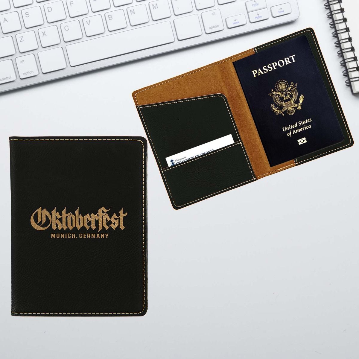 Personalized Passport Wallet In Black Gold Leatherette