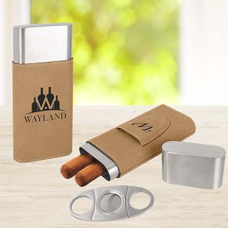 Cigar Case and Cutter In Tan Leatherette