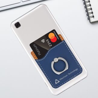 Blue Leatherette Phone Wallet With Finger Ring