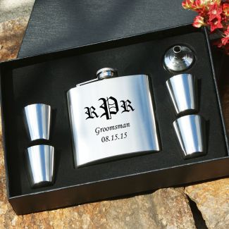 Engraved Silver Flask Groomsmen Gift Set