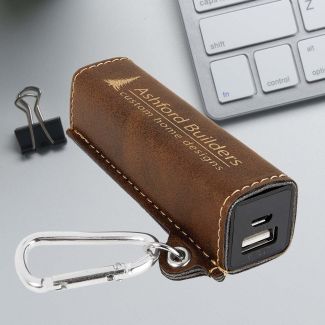 Rustic Leatherette Power Bank with gold metallic engraving