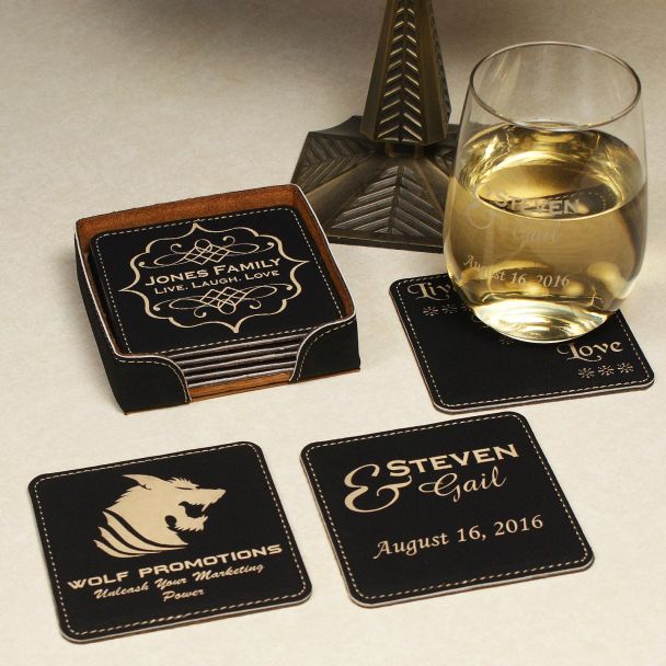 6-Piece Black Leatherette Coaster Set