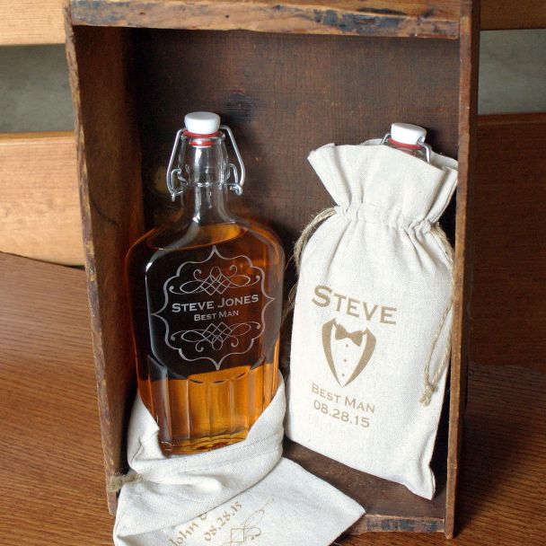 Engraved Glass Flask in Burlap Bag