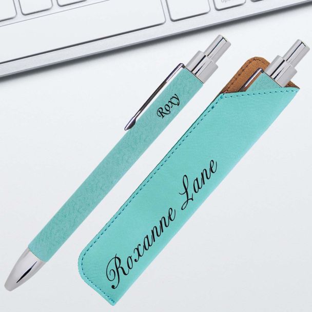 Teal Leatherette Pen And Pouch Set