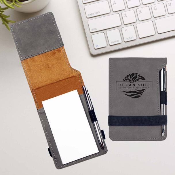 Mini Notepad And Pen in Gray Leatherette