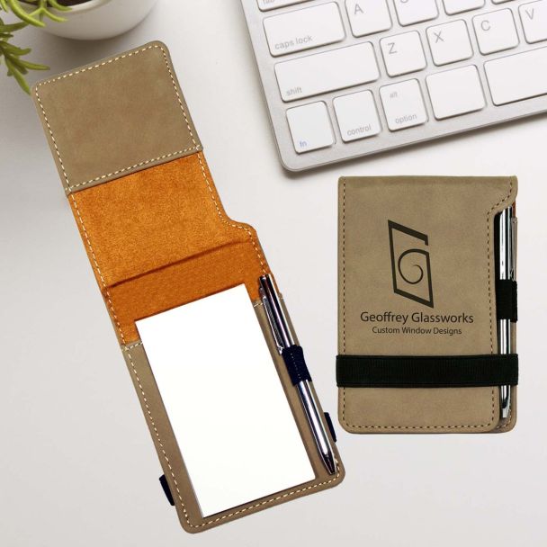 Personalized Mini Notepad And Pen In Tan Leatherette