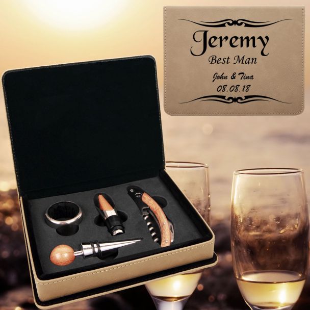 Tan Leatherette Personalized Wine Tool Set