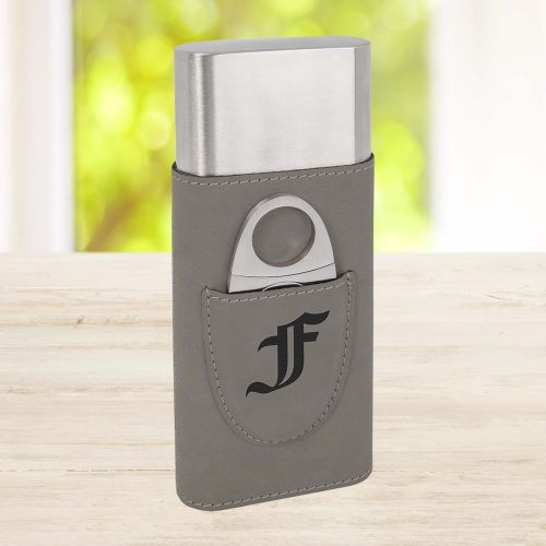 Personalized Cigar Case With Cutter In Gray Leatherette