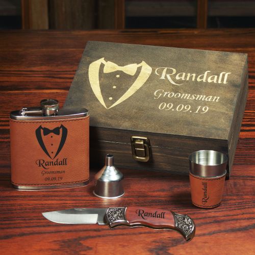 The Mustang Personalized Flask Knife Groomsmen Gift Set Rawhide