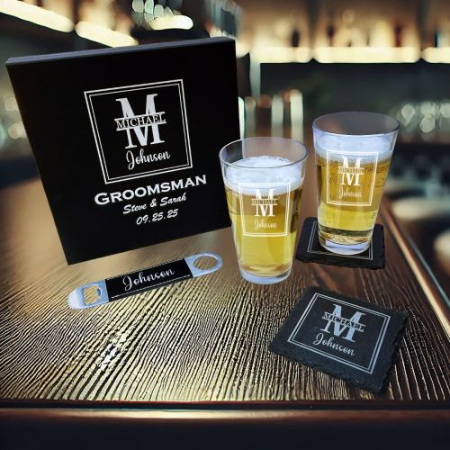 Engraved Groomsmen Gift Box Set – Pint Glasses, Slate Coasters & Bottle Opener