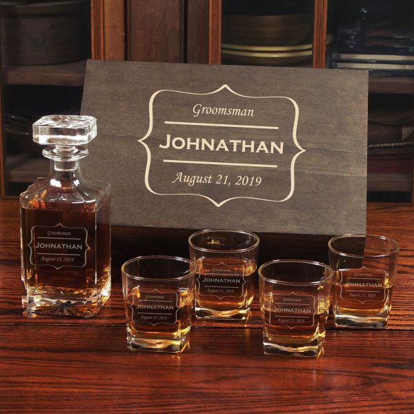 Decanter And Rocks Glasses Groomsmen Gift Box Set